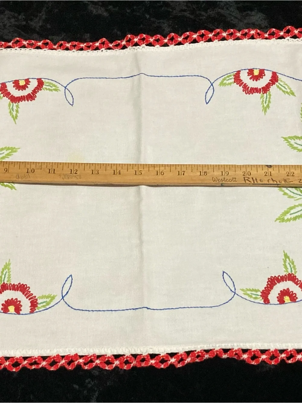 Vintage Embroidered Floral Table Runner - White with Red & Green Accents
